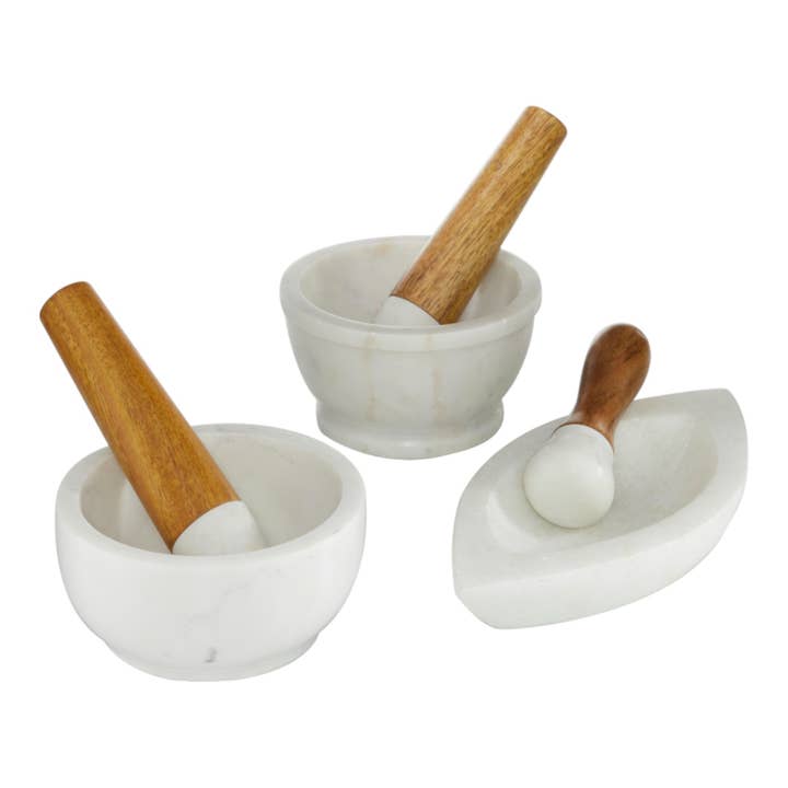 A-46788: WHITE MARBLE MORTAR AND PESTEL, SET OF 3 6", 5", 7" for wholesale by Import Corner