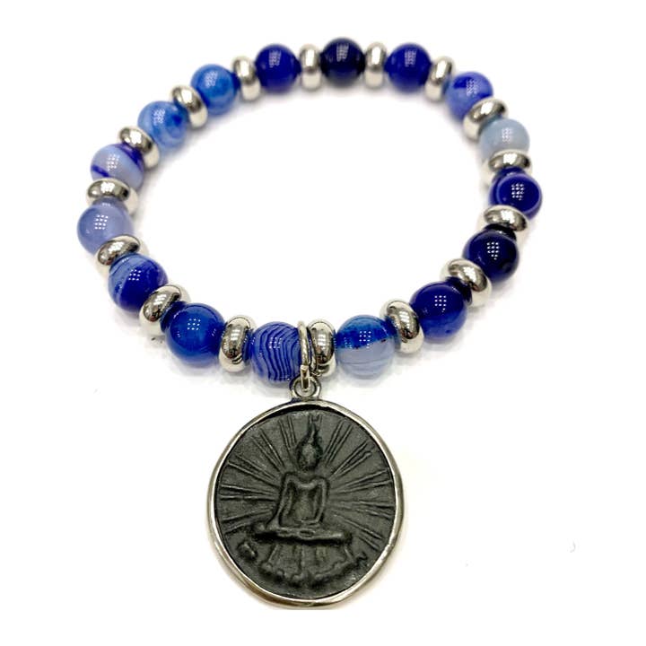 ARYA SODALITE ~BRACCIALE IN PIETRE DURE NATURALI e nodini ACCIAIO con ciondolo BUDDHA miniatura per la vendita all'ingrosso da parte di Atisha Spiritual Shop