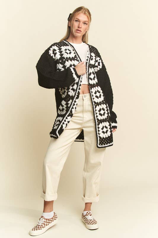 JADE BY JANE - Vente Cardigan – femme - Cardigan en maille ouverte bicolore en crochet carré à motif floral8