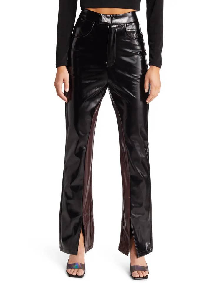 Brown Black Noor High Shine Faux Leather Pants for wholesale on Faire