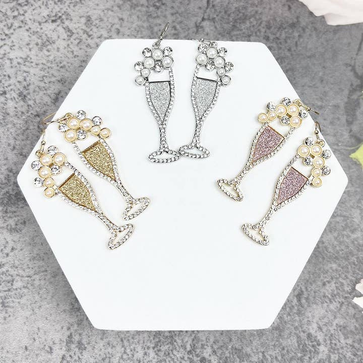 JHP Collection - Wholesale Dangle Earrings - CLASSY WINE GLASS GOLD GLITTER EARRINGS