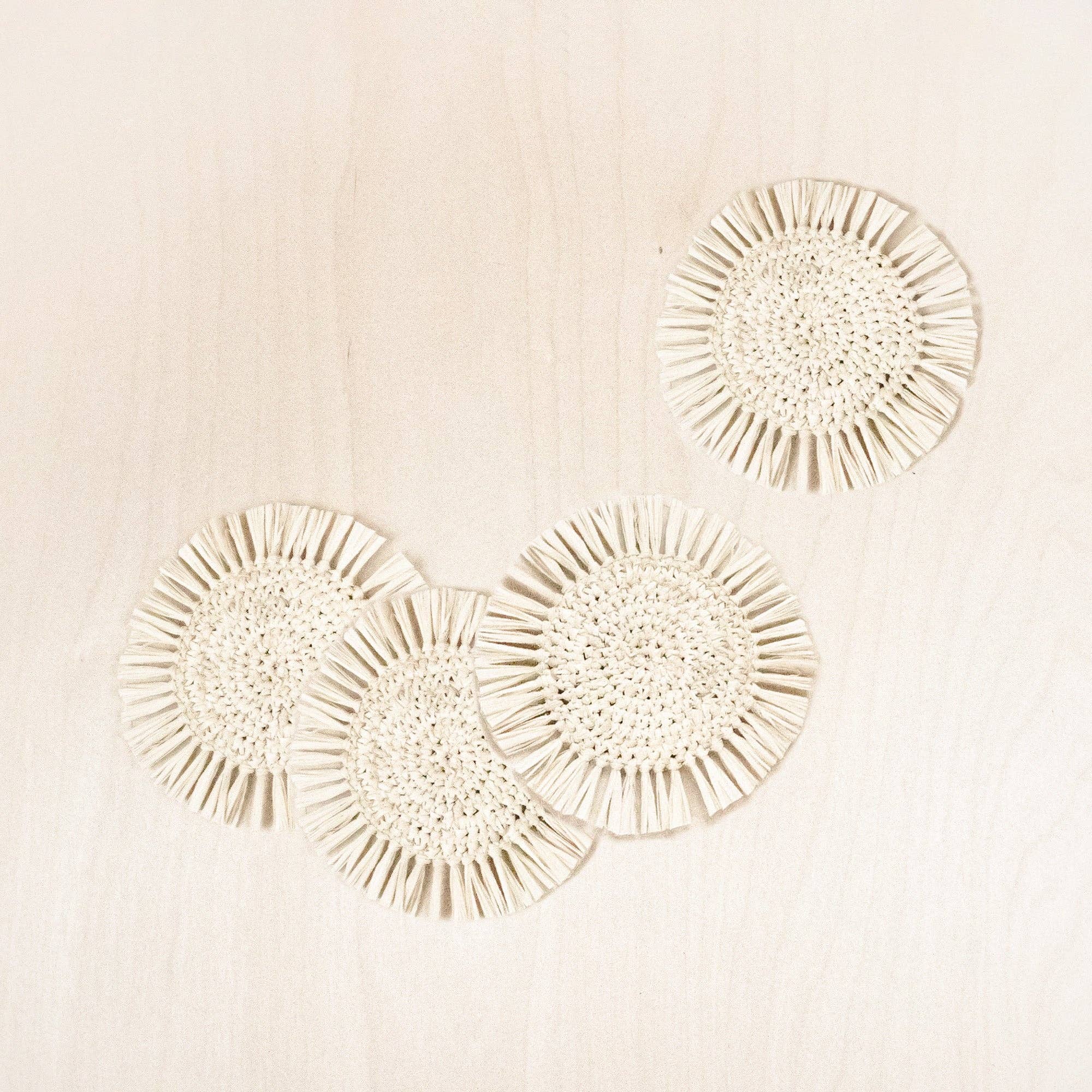LIKHÂ - Wholesale Coasters - Natural Raffia Round Crochet Coasters with Fringe, set of 40
