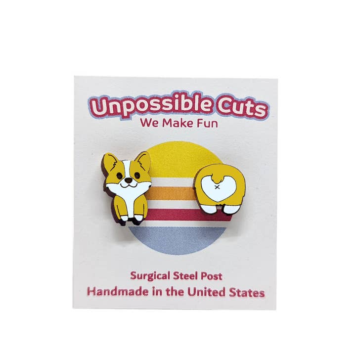 Unpossible Cuts - Wholesale Stud/Post Earrings - Corgi Butt Pet Lover Stud Wood Earrings2