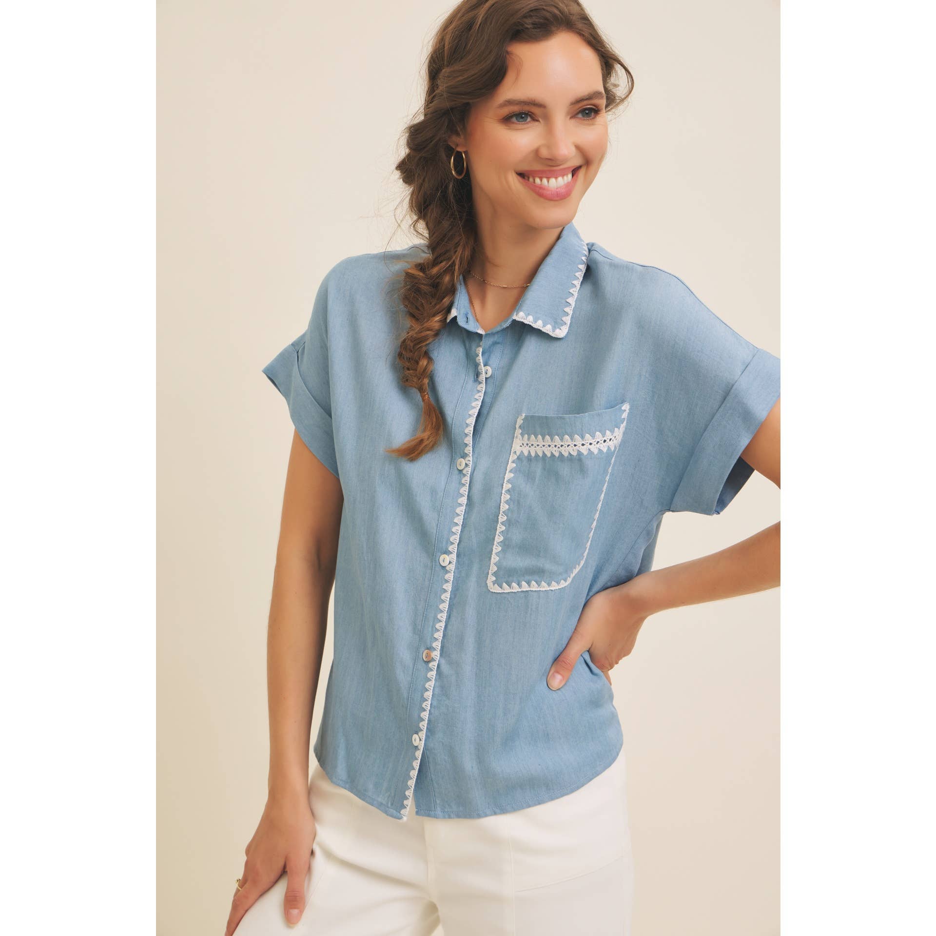 WASHED CHAMBRAY BUTTON-DOWN SHIRT WITH STITCHING for wholesale on Faire1