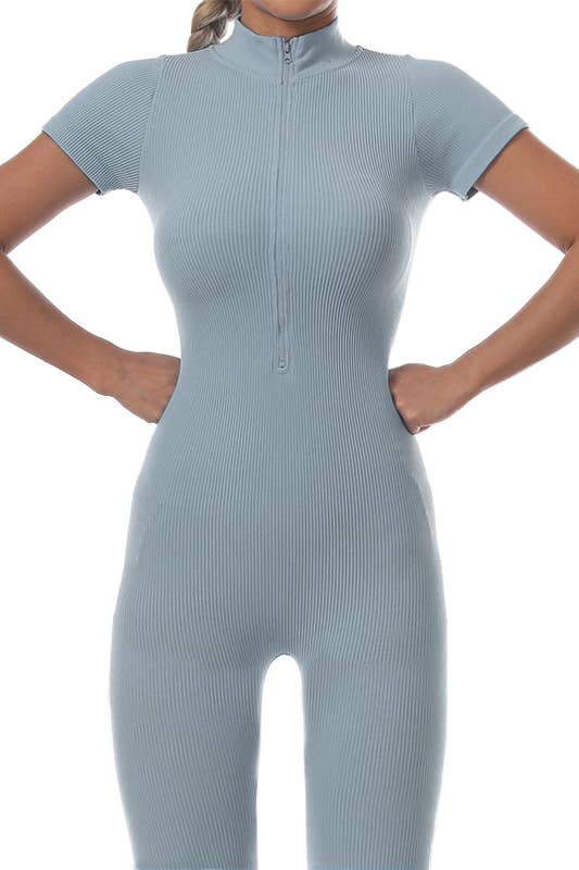 Color 5 - Wholesale Jumpsuit - Dames - Premium naadloos geribd jumpsuit met korte mouwen en ritssluiting aan de voorkant0