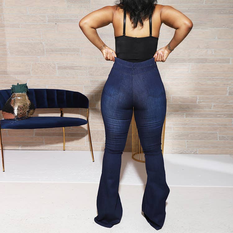 Bleu foncé ; Pantalon évasé en jean stretch pour femme en vente sur Faire2