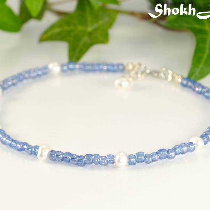Handmade Beaded Fresh Water Pearl And Blue Seed Bead Anklet for wholesale by Shokh Jewelry