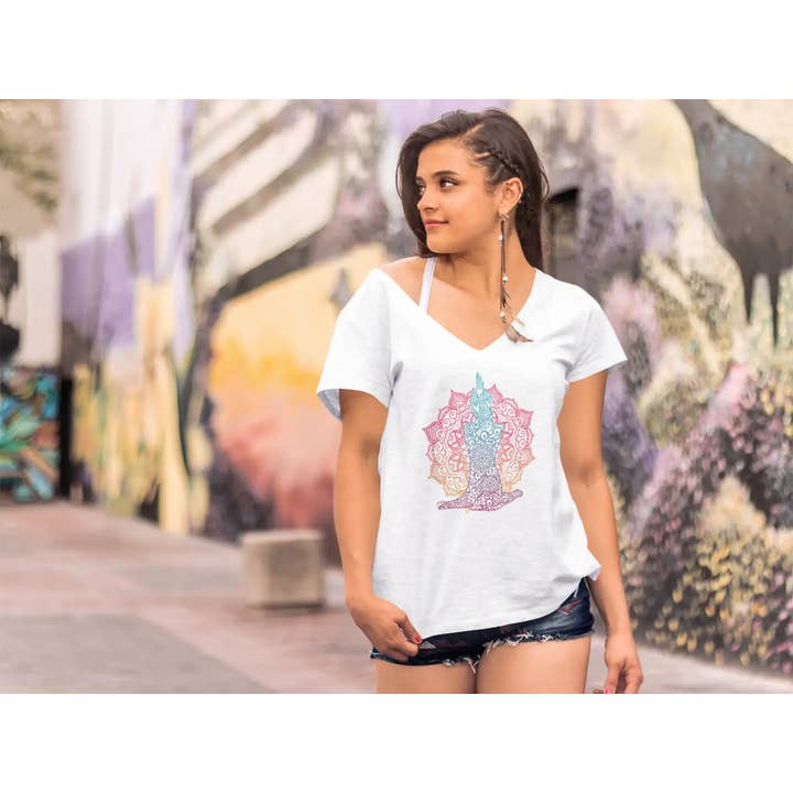 White ULTRABASIC Women's V-Neck T-Shirt Boho Namaste - Funny Yoga Pose Tee Shirt for wholesale on Faire1