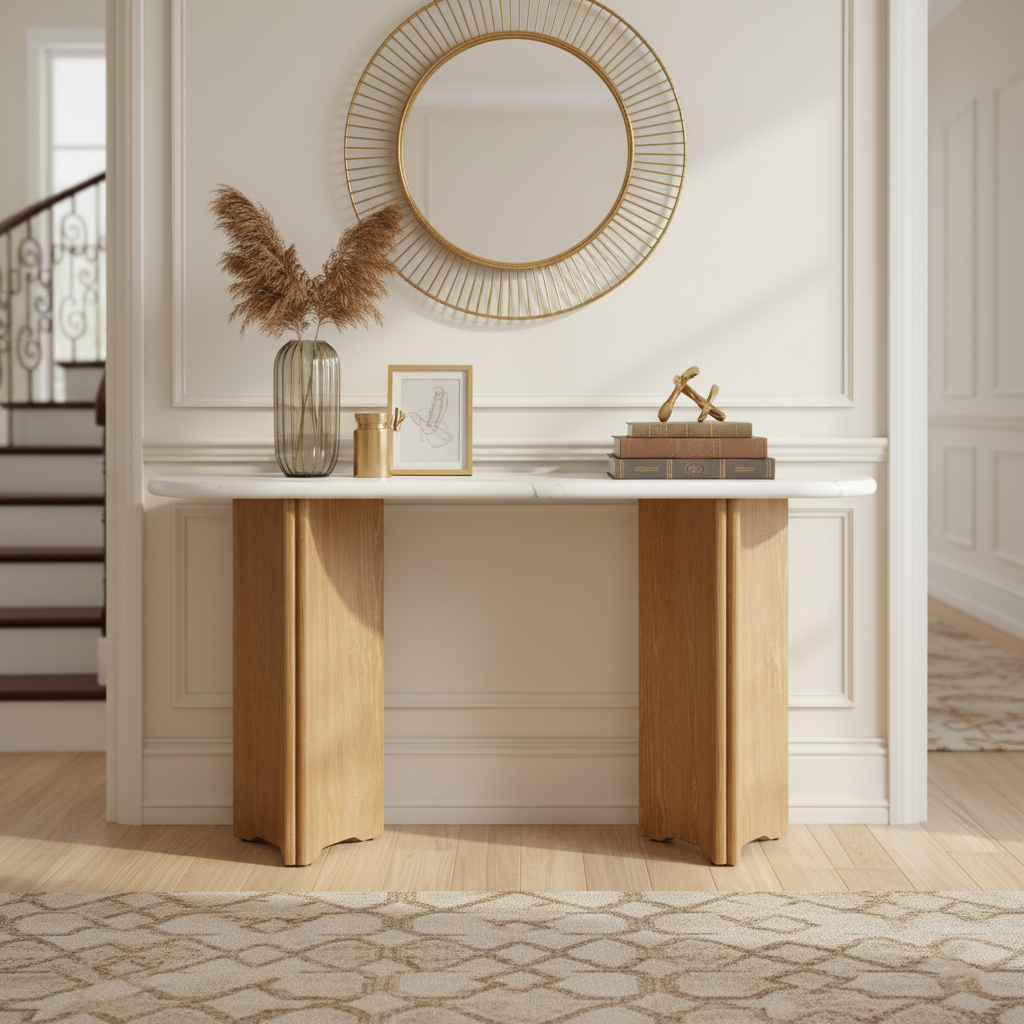 HOMYCASA DESIGN INC - Wholesale Console Table - Narrow Console Table Oval Faux Marble Top Natural+White0