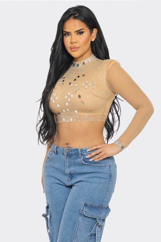 BANJUL - Vendita all'ingrosso Camicetta - Donna - BTS12881   Top Corto a Rete con Strass a Specchio Lucido2