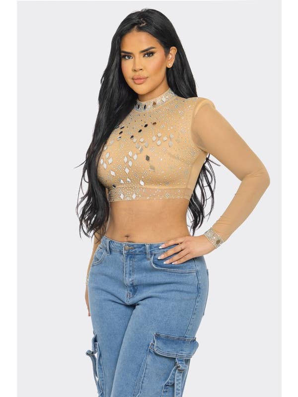 BANJUL - Vendita all'ingrosso Camicetta - Donna - BTS12881 Top Corto a Rete con Strass a Specchio Lucido2