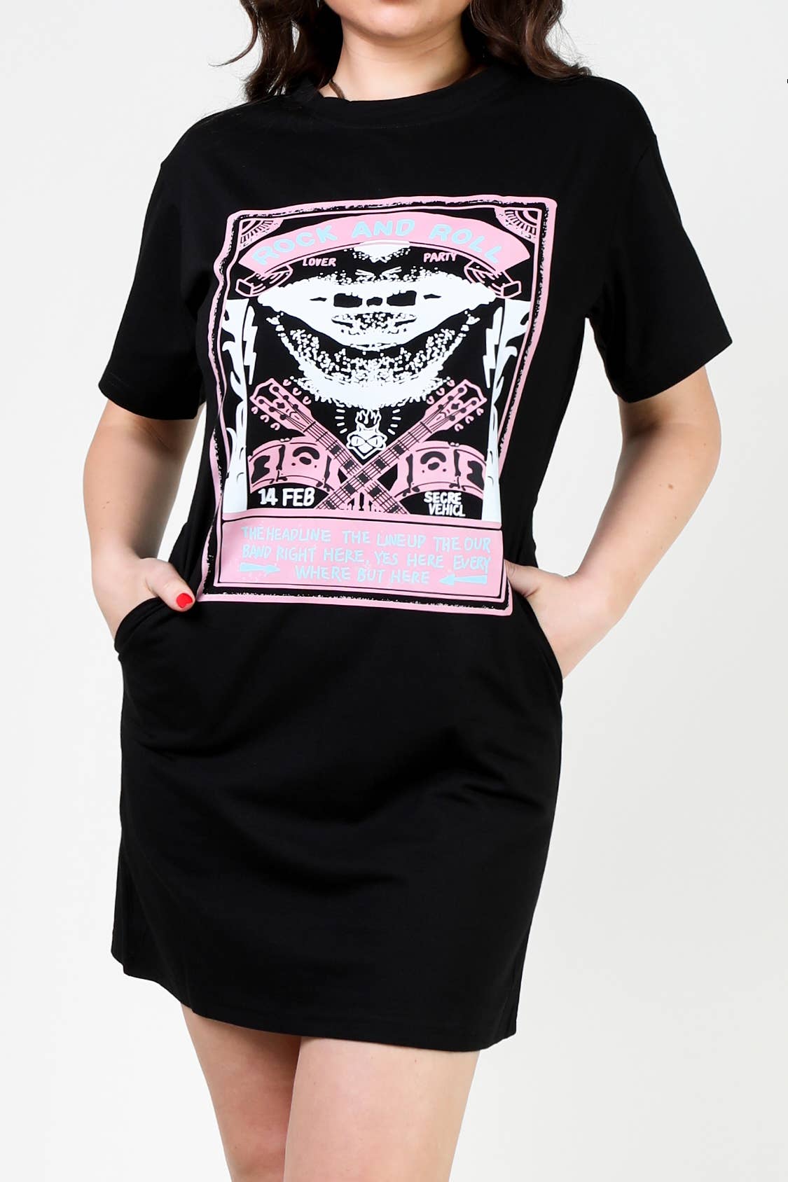 BLACK roll poster graphic t shirt dress print on demand for wholesale on Faire0