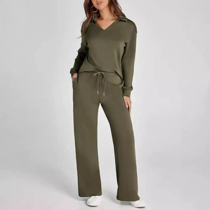 Casual V-Neck Long Sleeve Top with Drawstring Waist Flare Pants Set for wholesale by SALINA TRADING INC