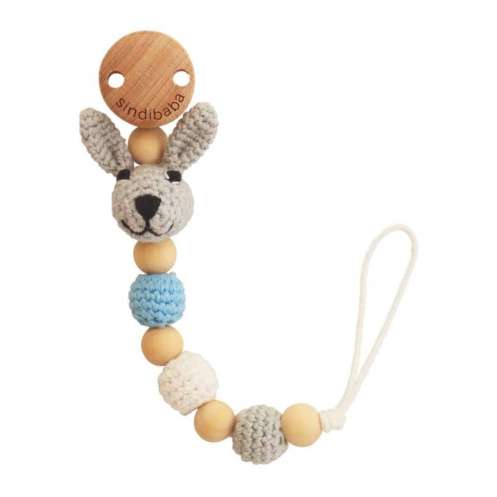 Bobby bunny crocheted pacifier chain in blue for wholesale by SindiBaba