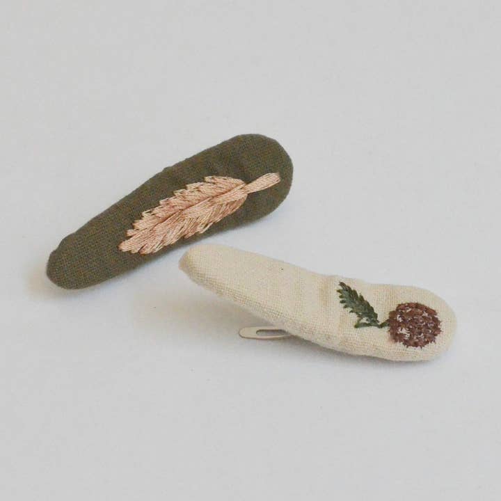 Triangle Embroidered Floral Snap Hair Clips | Olive & Beige for wholesale by Tangle Shiny Stars