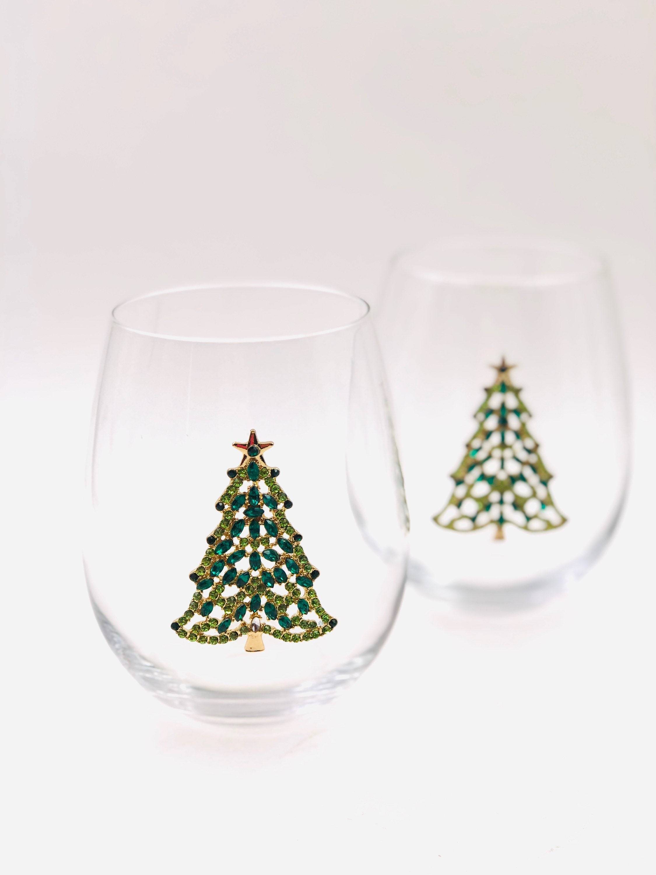Jersey Art Glass - Wholesale Wine Glass - Bedazzled Christmas Tree Wine Glasses (Set of 2)6