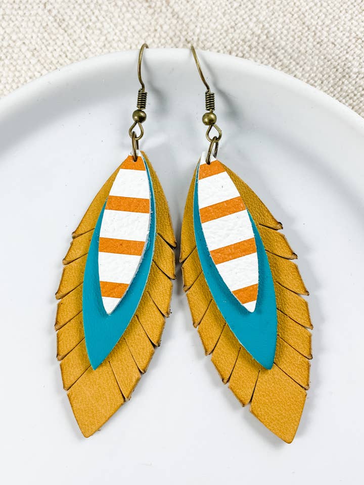 Sunlit Feather Earrings | Mustard Turquoise Fringe Accessory for wholesale by Anabelle+Oak