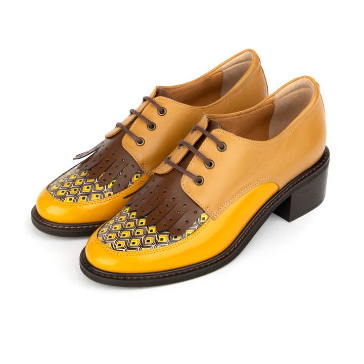Embassy London – wholesale Brogue shoes – Women's – Retro Tone - Yellow & Brown - Women's leather lace-up with signature kiltie detail8