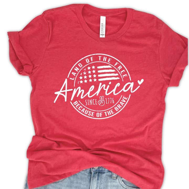 America Land of the Free women's 4th of July graphic t-shirt for wholesale by ATTA TOOD LLC