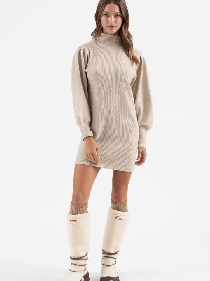 Blu Pepper - Wholesale Dress - Women's - MOCK NECK LONG PUFF SLEEVE KNIT SWEATER DRESS
