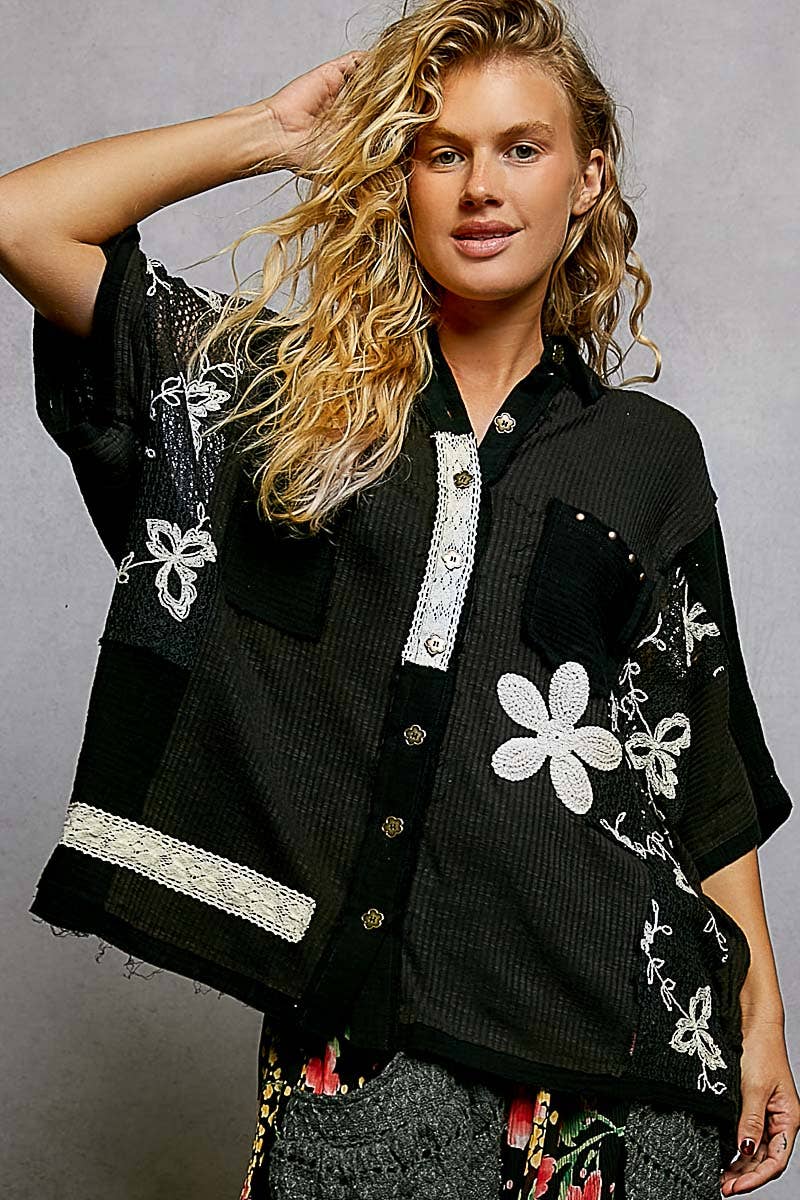 Pol Clothing - Wholesale Button Down Shirt - Women's - Collared Studded Button-down Short Sleeve Knit Shirt Top0