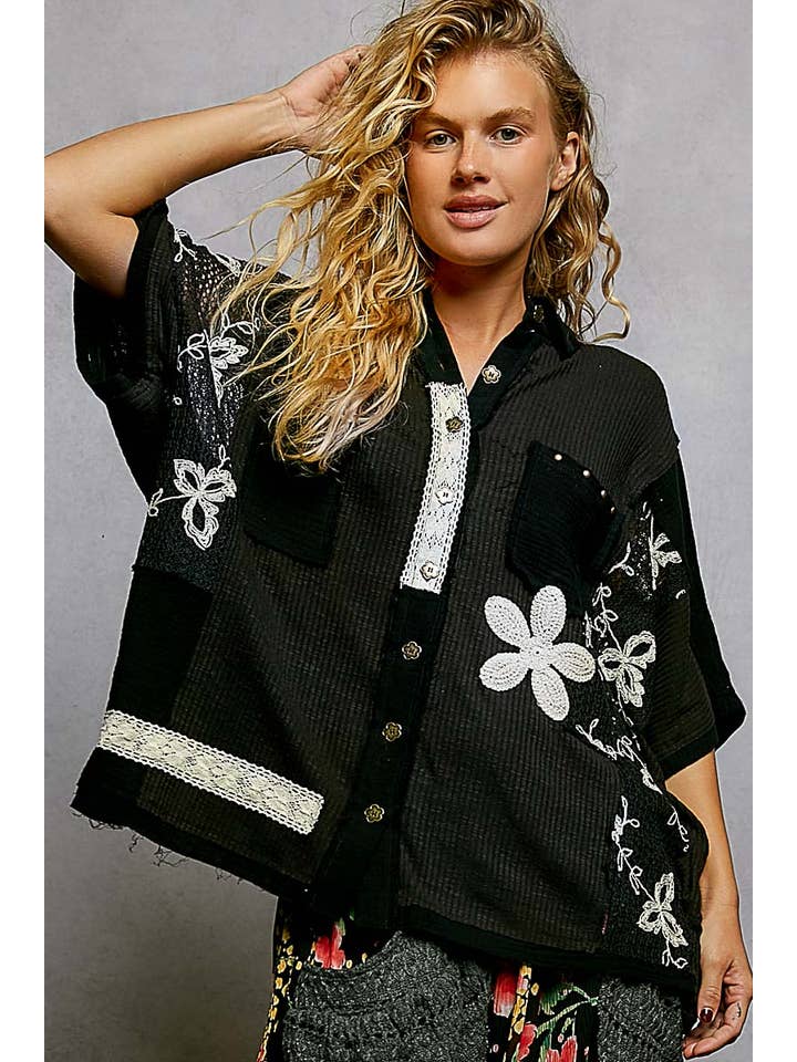 Pol Clothing - Wholesale Button Down Shirt - Women's - Collared Studded Button-down Short Sleeve Knit Shirt Top