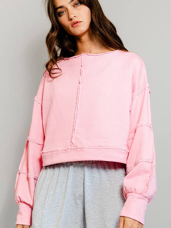 BUCKETLIST - Wholesale Sweatshirt - Women's - T2170 Raw-edge Detail Solid Terry Crop Pullover Top