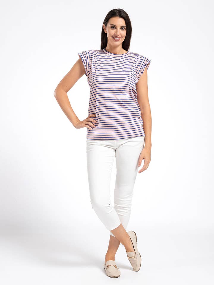 Pentlebay Clothing - Wholesale Loungehemd - Dames - T-shirt met ruches mouwen in roze marine streep1