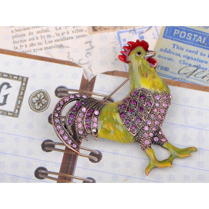 AK Brand - Vente Broches - Broche coq de poulet violet jaune vert cuivre1