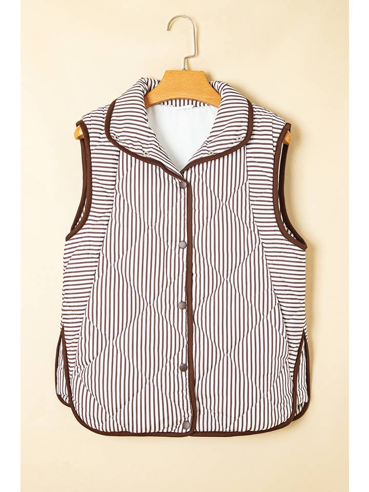 Brown Stripe Plus Size Quilted Contrast Trim Button Vest (S-4X) for wholesale on Faire2