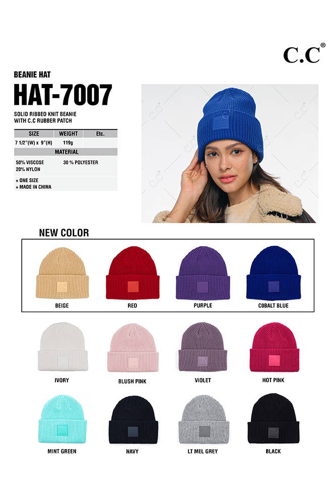 Hana - Wholesale Beanie - Women's - C.C Solid Ribbed Knit Beanie With Rubber Patch13