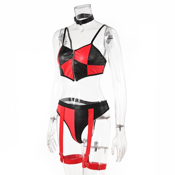 Black Sexy Leather Zipper Color Matching Underwear Suit for wholesale on Faire7