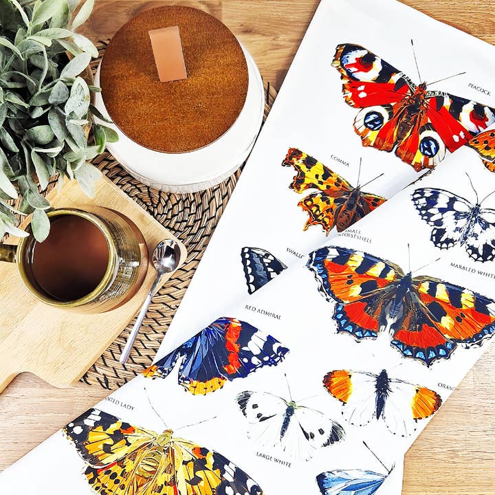 Butterflies tea towel | 100% cotton | Garden illustration for wholesale by Louise Jennifer Design