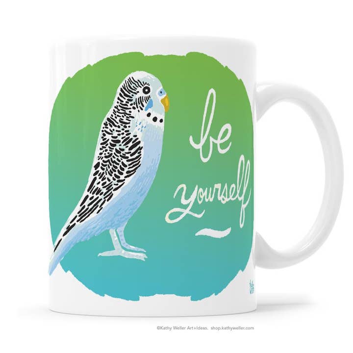 Be Yourself Parakeet Mug for wholesale by Kathy Weller Art+Ideas