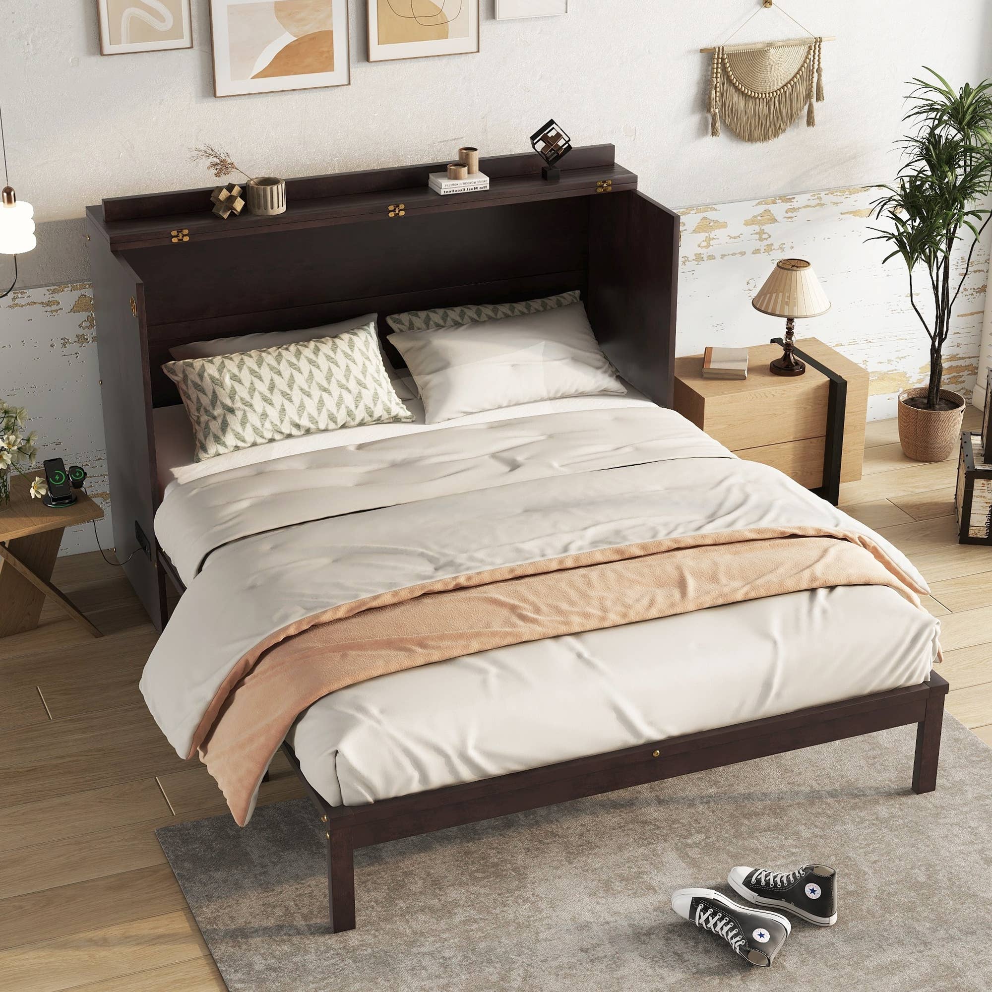 39F Inc. - Wholesale Bed - Queen Size Murphy Bed, Pine Wood Cabinet Bed w Power Station2