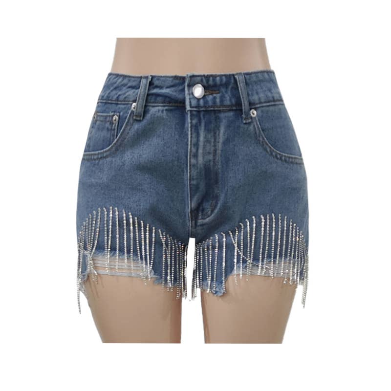 Blue Diamond Fringed Ripped Denim Shorts for wholesale on Faire0