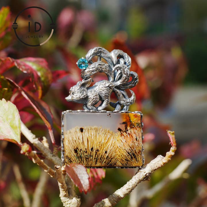 Pendentif en argent 925 avec agate mousse unique, collier animal totem oxydé, bijou talisman nature, cadeau unique pour elle. pour la vente par idjewelry