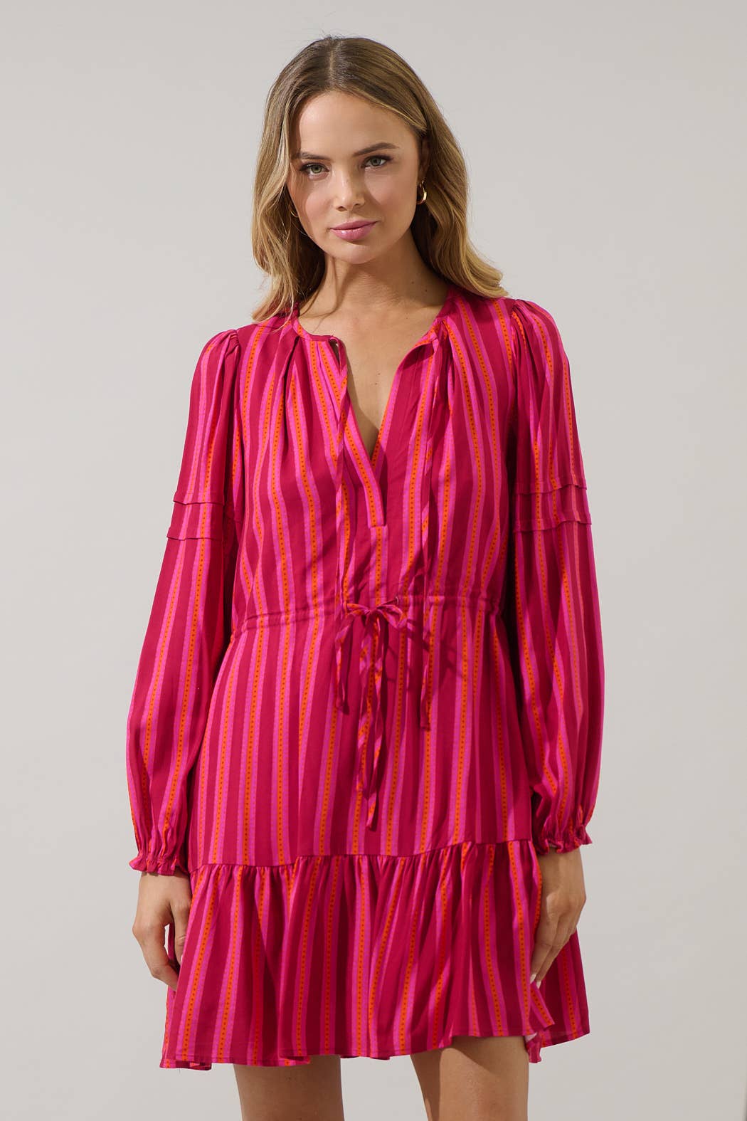 FUCHSIA ORANGE Clarisa Stripes Lomie Drawstring Mini Dress for wholesale on Faire5