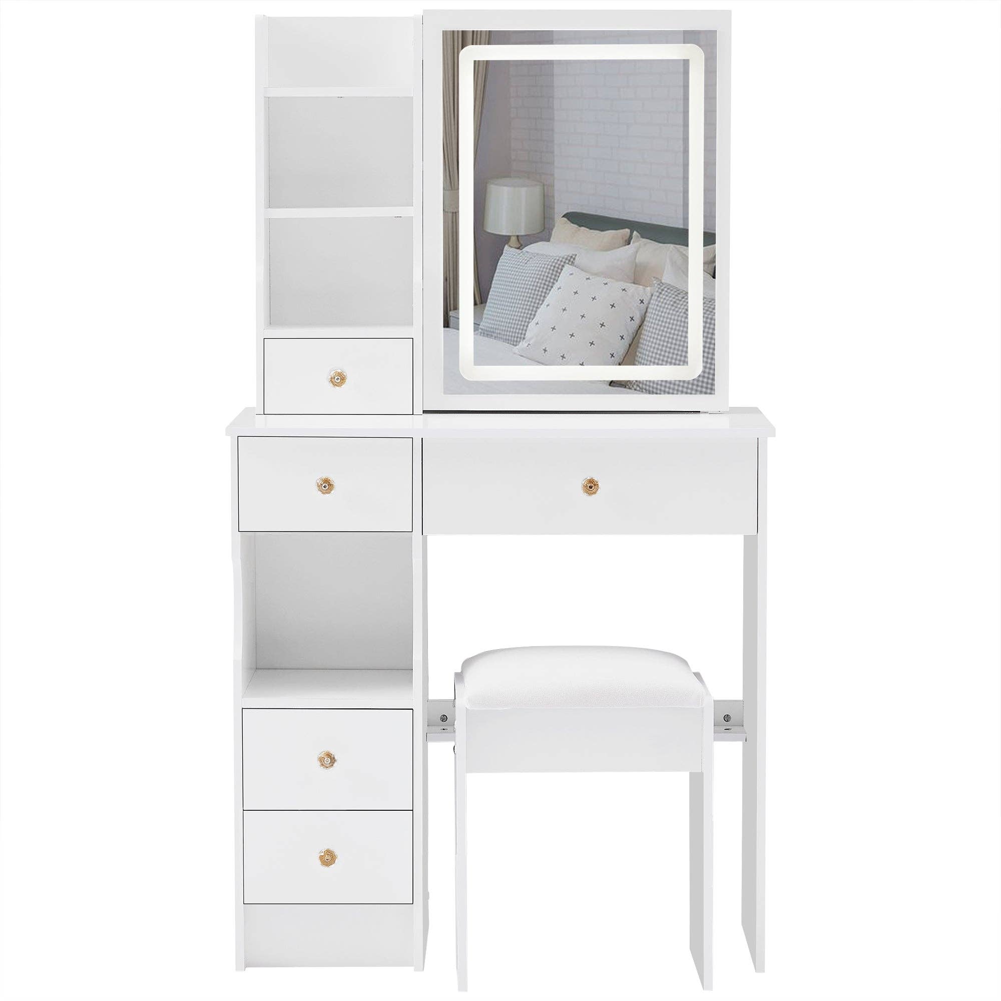 White Small Vanity Dressing Table with Padded Stool & Mirror Light for wholesale on Faire7