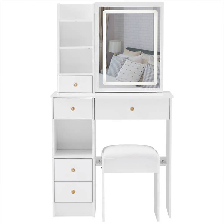 White Small Vanity Dressing Table with Padded Stool & Mirror Light for wholesale on Faire7