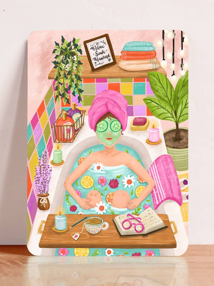 Card woman in bath relax soak unwind illustration just postcard for wholesale by Aniet Illustration