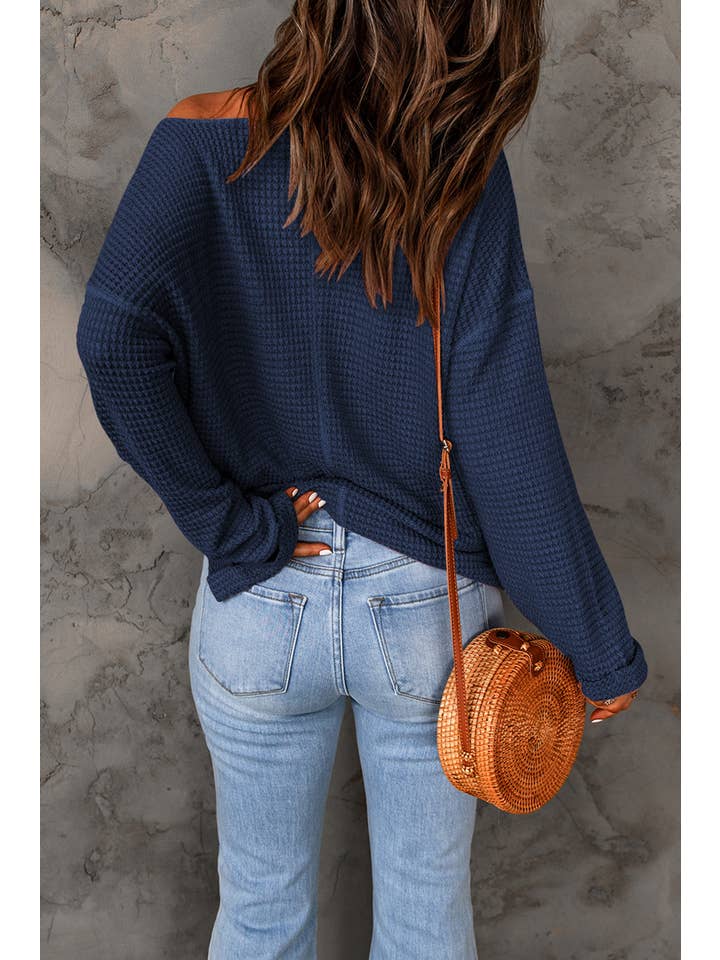 1 the Woman - Wholesale Knit Top - Women's - Waffle Knit Loose Long Sleeve Top - 6 Colors