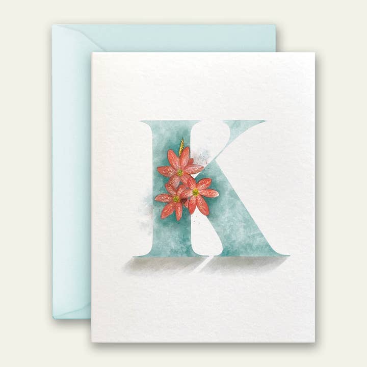 K Floral Monogram Everyday Greeting Card, Hand Embellished for wholesale by Carciofi Design