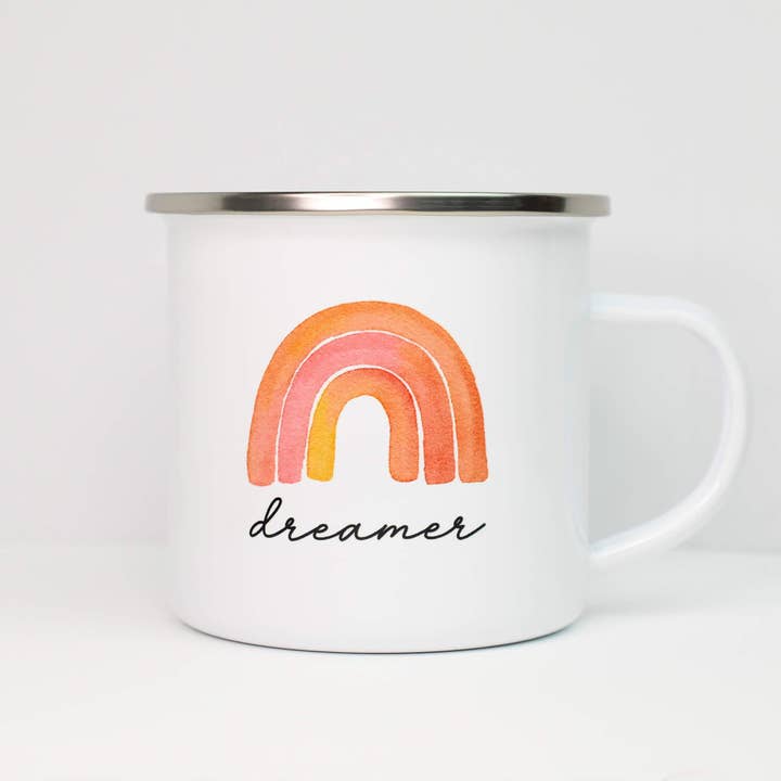 Dreamer rainbow white enamel mug for wholesale by Loveable