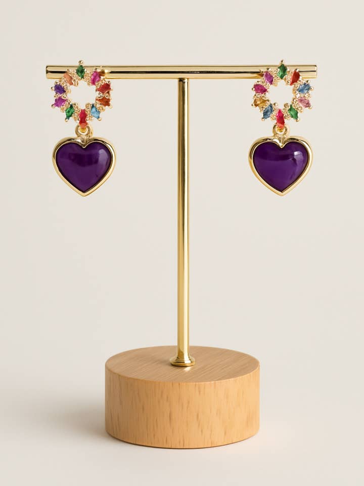 Amethyst earrings with a zirconia circle and 18-carat gold plating for wholesale by PHOEBE´S