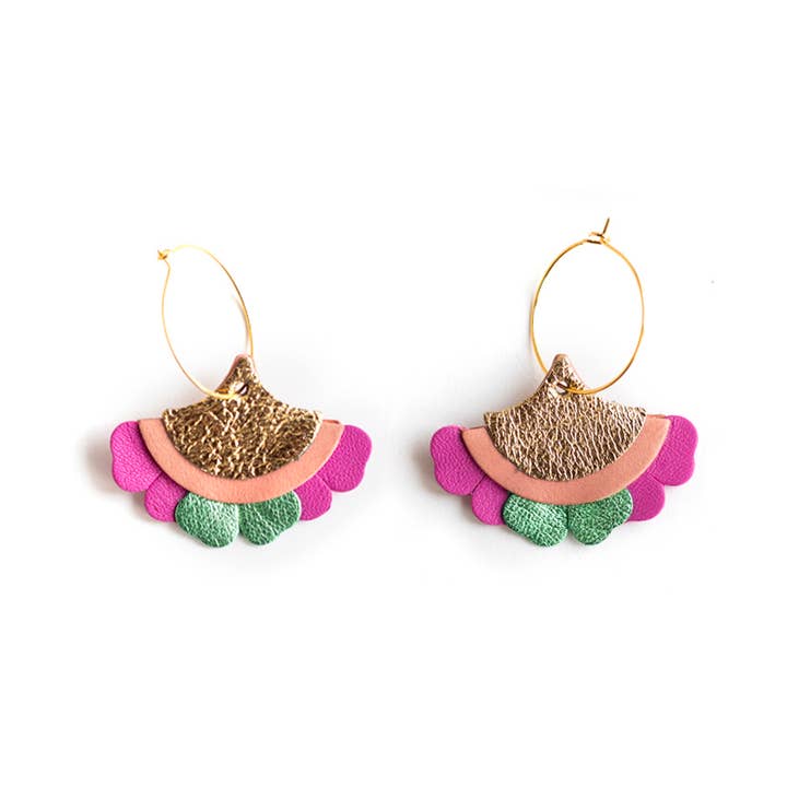 Chenoha Studio - Wholesale Dangle Earrings - Fan Petal Earrings – Gold Pink Fuchsia Green Leather0