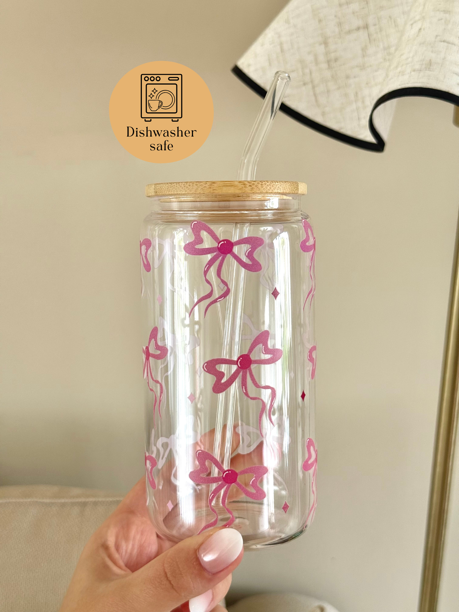 the cute cloud - Wholesale Drinking Glass/Cup - Glass Tumbler Pinky Bows Dishwasher Safe 550ml + Lid & Straw2