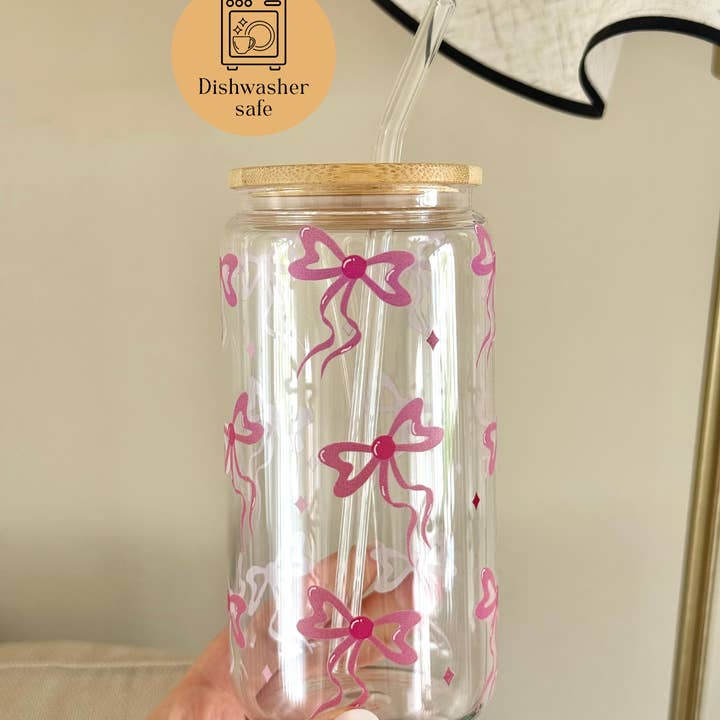 the cute cloud - Wholesale Drinking Glass/Cup - Glass Tumbler Pinky Bows Dishwasher Safe 550ml + Lid & Straw2