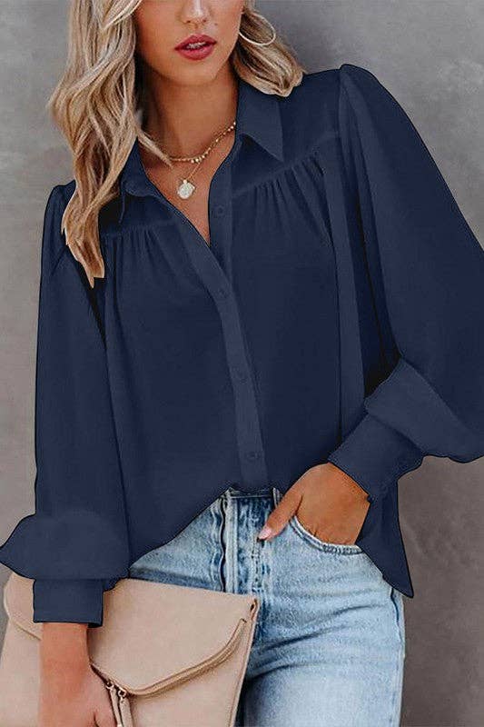 Aria Romance - Wholesale Blouse - Women's - Lantern Sleeve Pleated Collar Shirt2