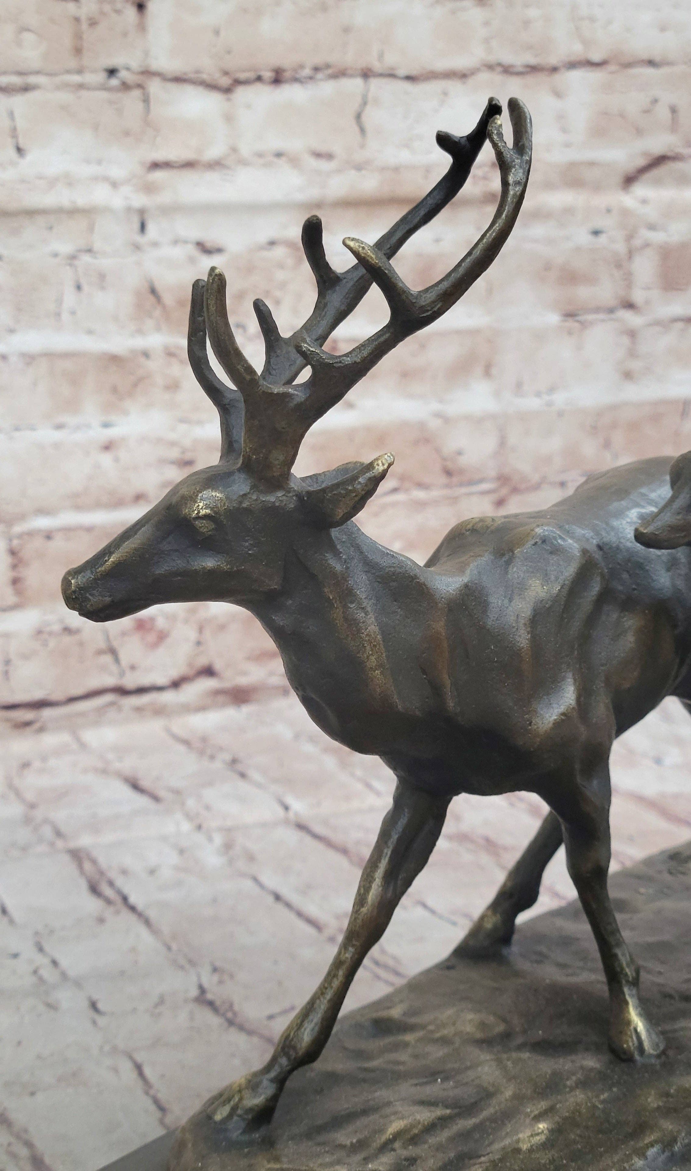 Bronzhaus - Vente Sculpture - Statue en bronze Deer Buck Elk and Doe Faon Caribou Renne Base en marbre 11 « x 13"6